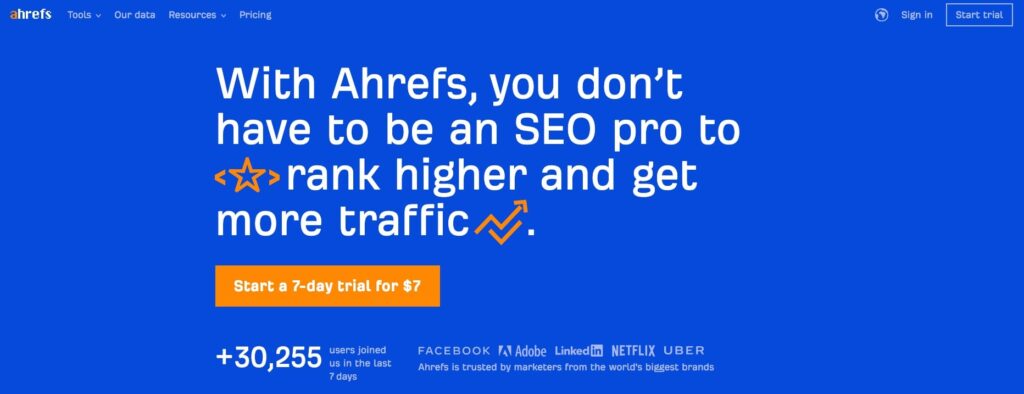 A screenshot of the Ahrefs homepage.