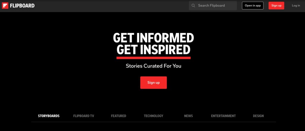 A screenshot of the Flipboard homepage.