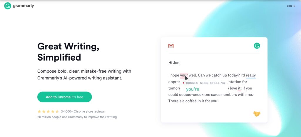 A screenshot of the Grammarly homepage.