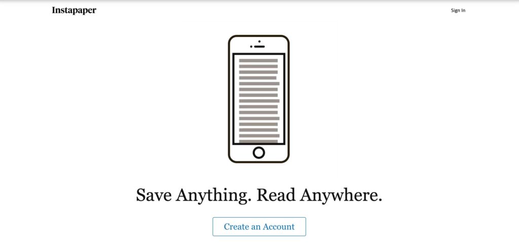 A screenshot of the Instapaper homepage.