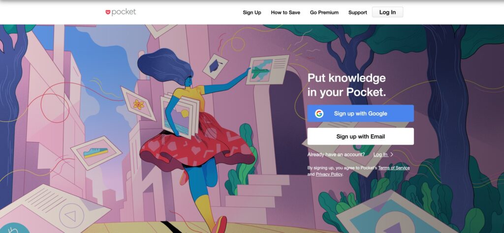 A screenshot of the Pocket homepage.