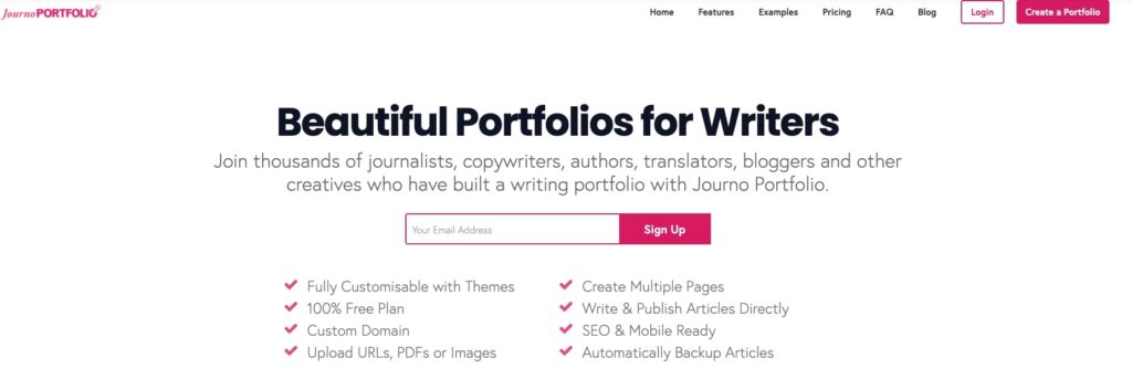 JournoPortfolio homepage screenshot.